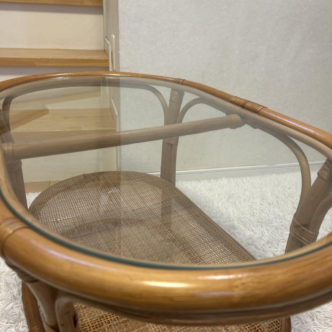 ラタン　テーブル　ガラス　昭和レトロ　アジアンテイスト　送料無料