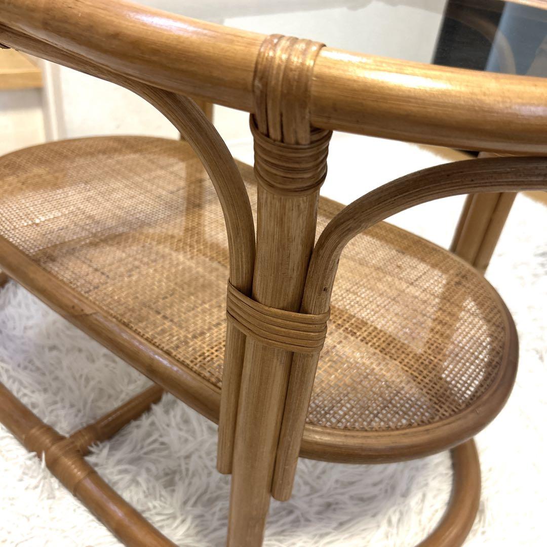 ラタン　テーブル　ガラス　昭和レトロ　アジアンテイスト　送料無料