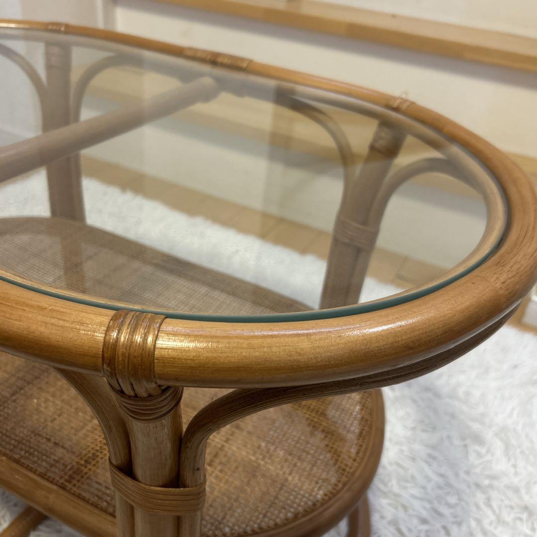 ラタン　テーブル　ガラス　昭和レトロ　アジアンテイスト　送料無料