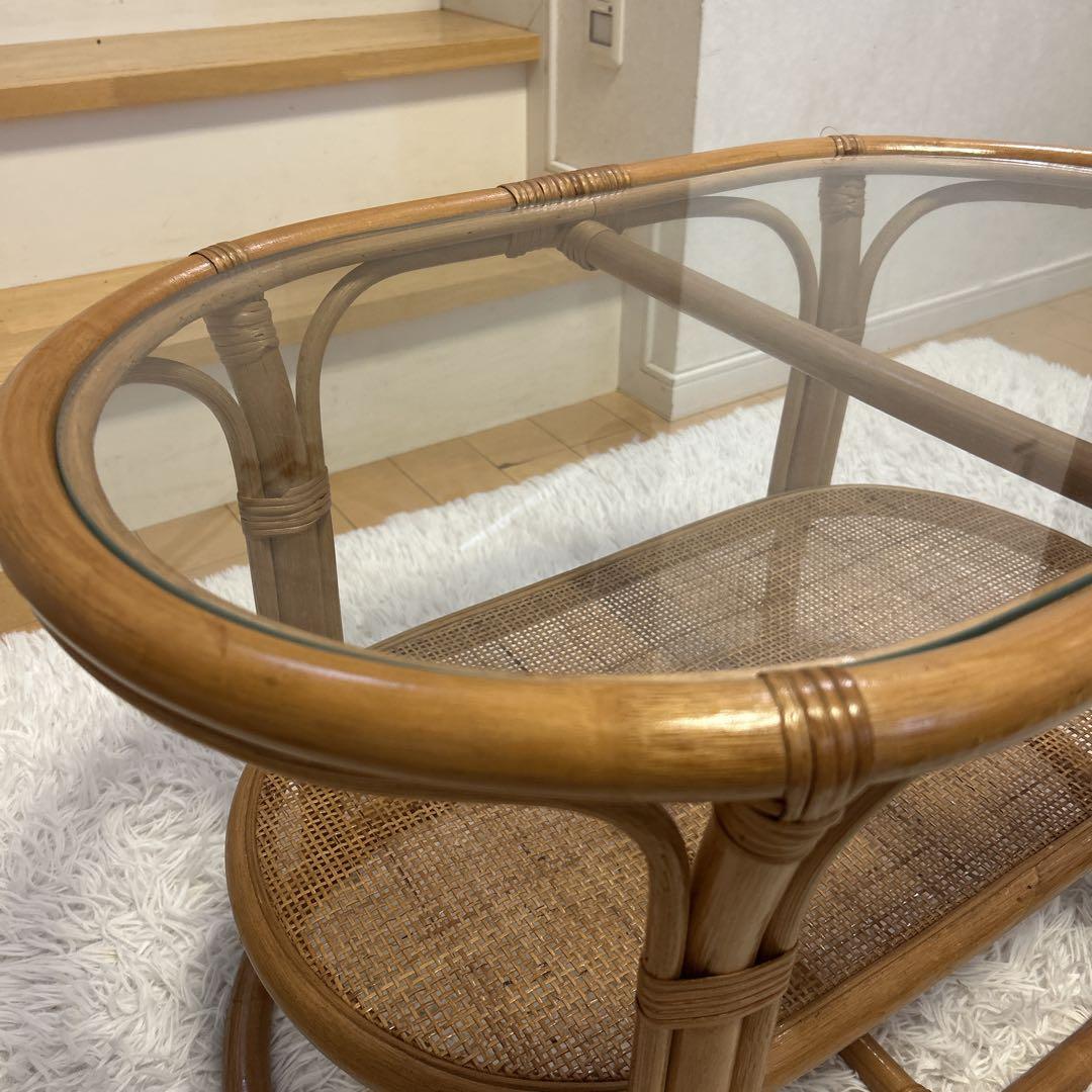 ラタン　テーブル　ガラス　昭和レトロ　アジアンテイスト　送料無料