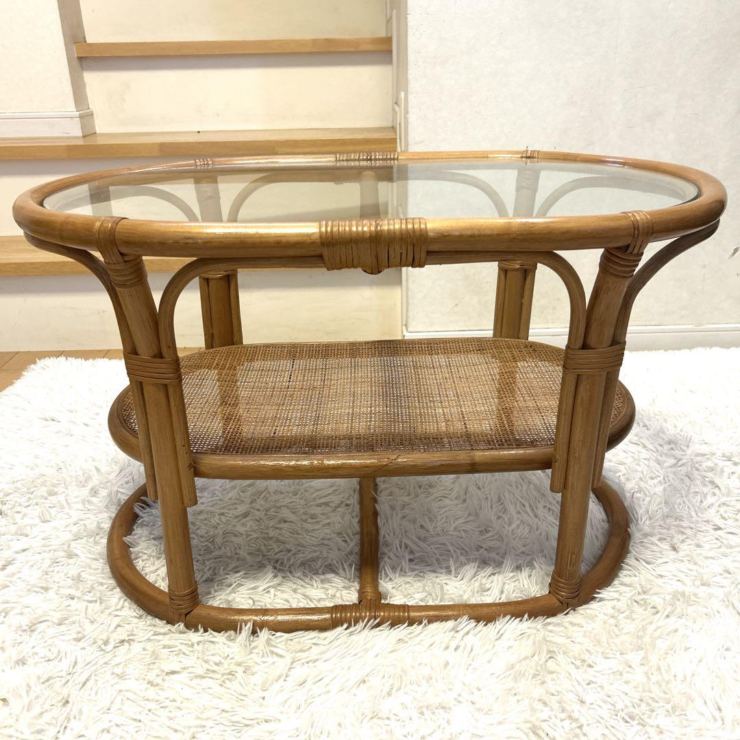 ラタン　テーブル　ガラス　昭和レトロ　アジアンテイスト　送料無料