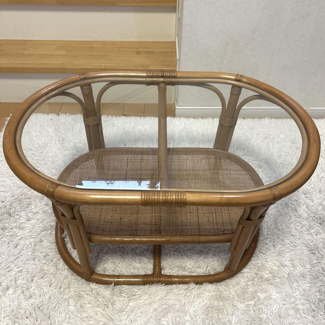 ラタン　テーブル　ガラス　昭和レトロ　アジアンテイスト　送料無料