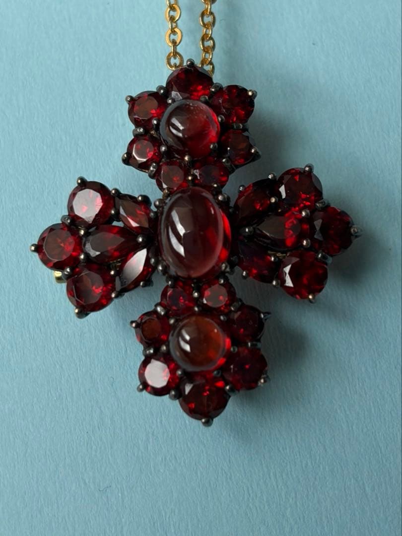 碌山　ロクザン　ヴィンテージ風　十字架　ブローチ　ガーネット　ペンダントトップ
