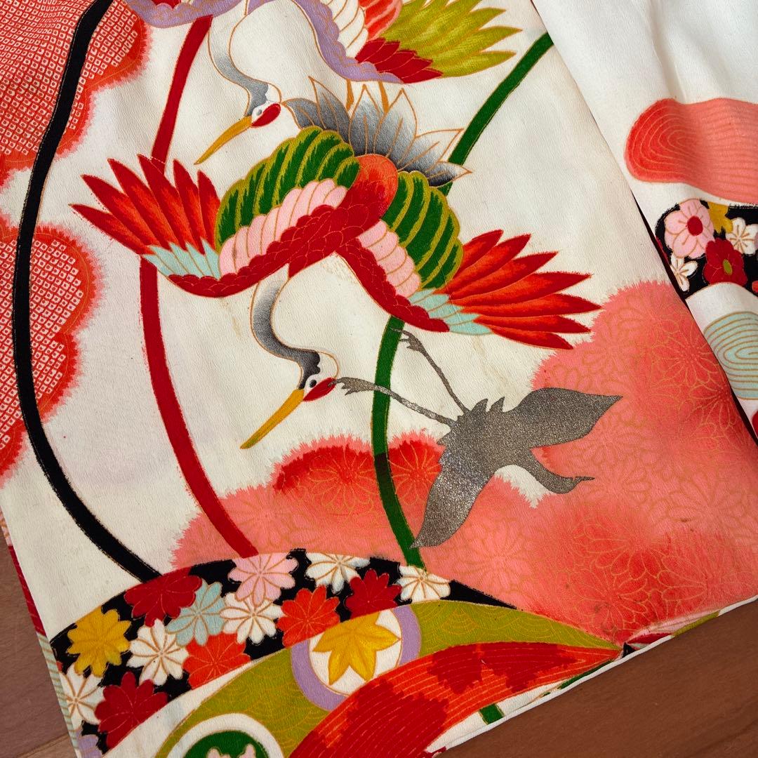 七五三 3歳 アンティーク 鶴 着物 長襦袢 被布 セット