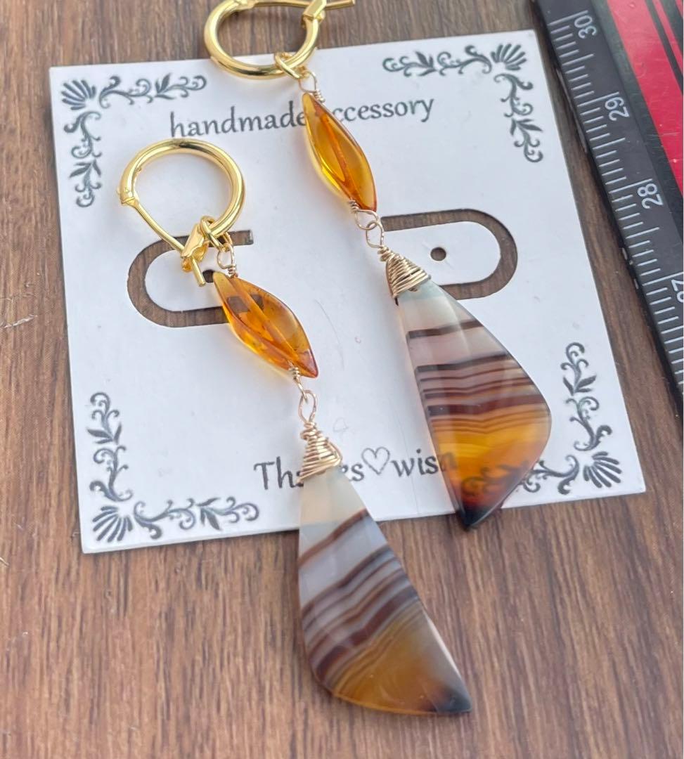 オカピ柄アゲートと天然琥珀大ぶりピアスチャーム·͜· ︎︎