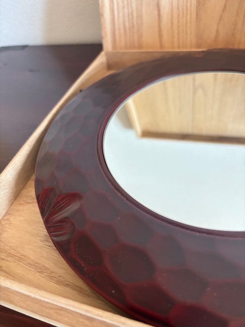 鏡　壁掛　ミラー　彫刻　塗　丸　円　鎌倉彫　掛鏡