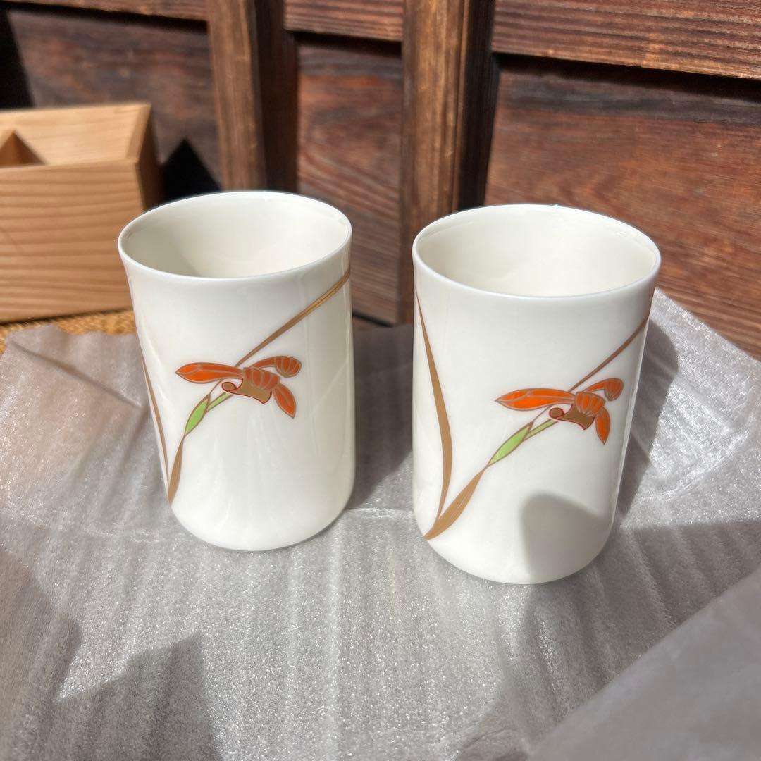 木箱入 未使用 香蘭社『蘭』汲出揃 5客セット 白×金彩 オレンジ花