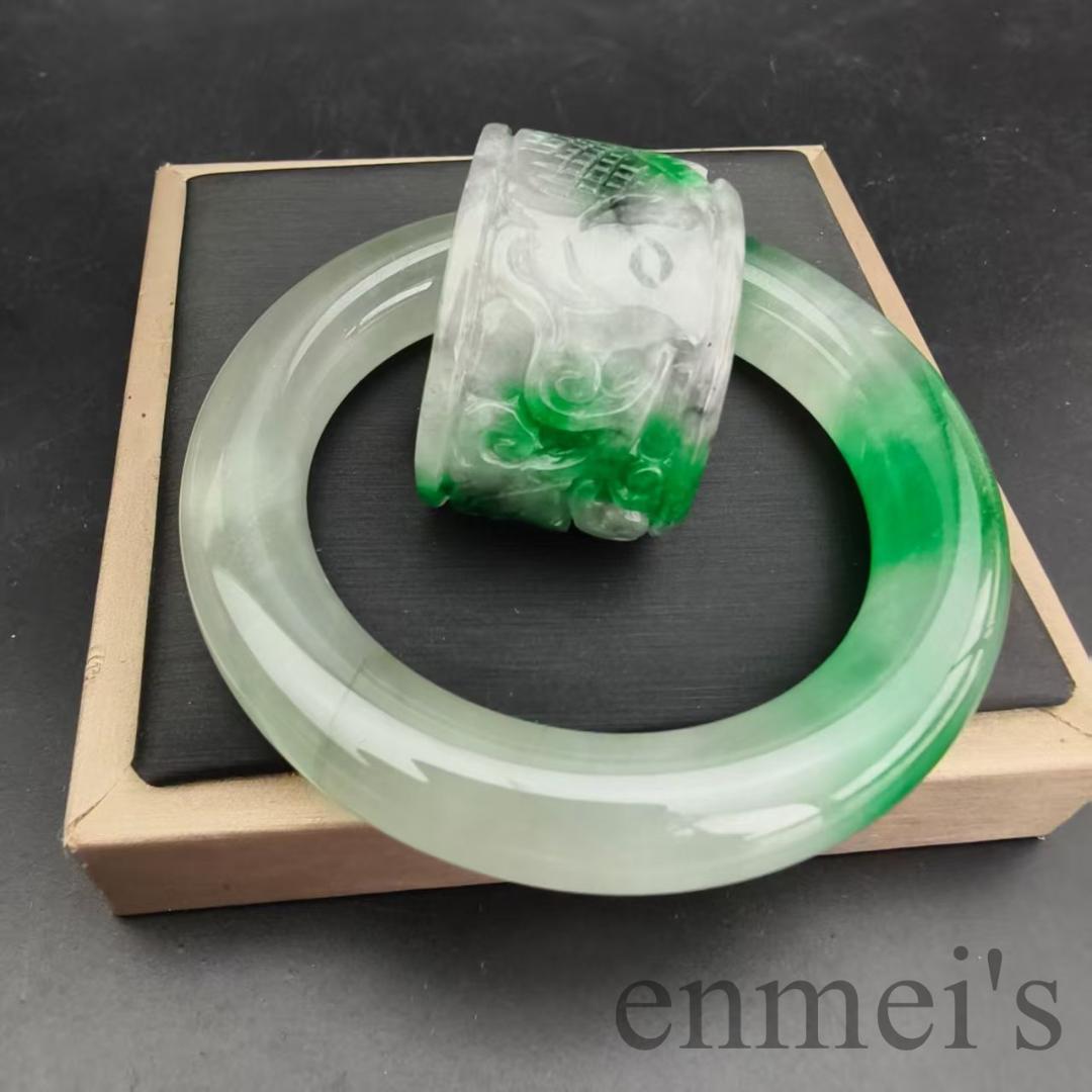 中国古美術 ミャンマー 氷種 花青 翡翠 バングル 扳指 指輪 首飾り