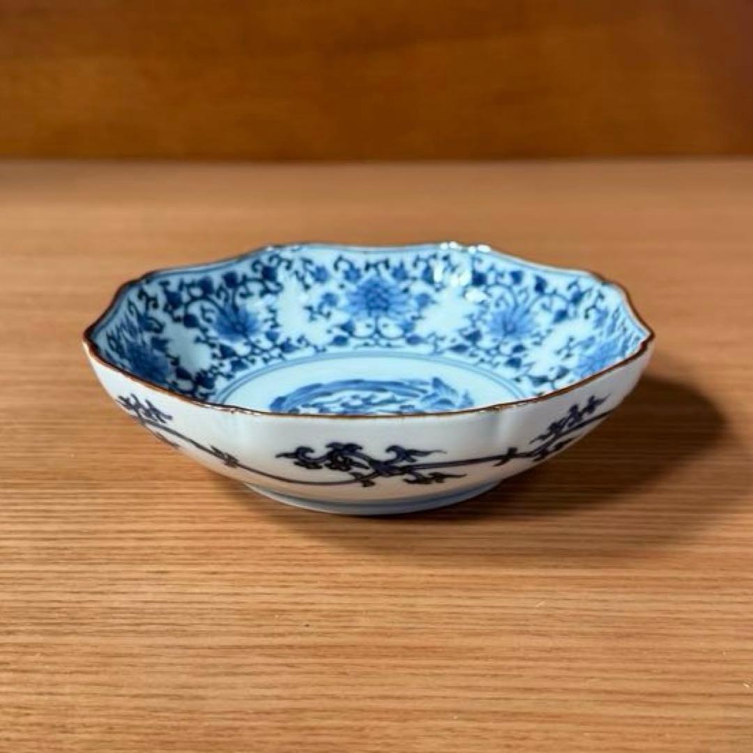 有田焼 李荘窯：染付花唐草鳳凰文 輪花なます皿☆