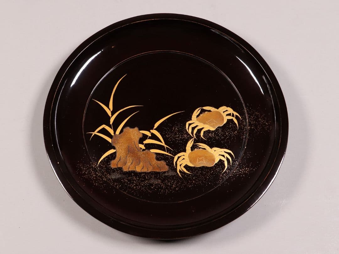 CK91 木製漆器 蟹蘆金蒔絵 黒塗 大徳寺盆 五客 24.5cm 木皿 菓子盆