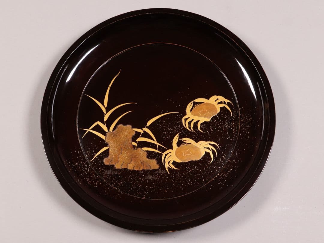 CK91 木製漆器 蟹蘆金蒔絵 黒塗 大徳寺盆 五客 24.5cm 木皿 菓子盆