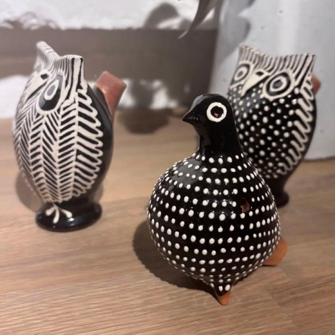 リトアニア製 陶器の笛 3点セット《フクロウ×2 鳩×1》
