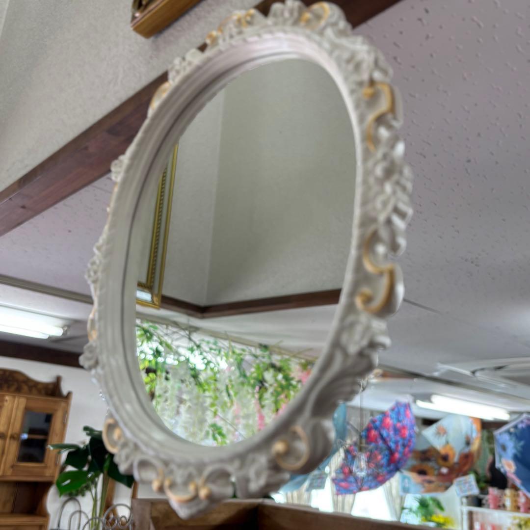 ロココ調ミラー オーバルミラー 壁掛け鏡 楕円形 ホワイト 白 高級ミラー
