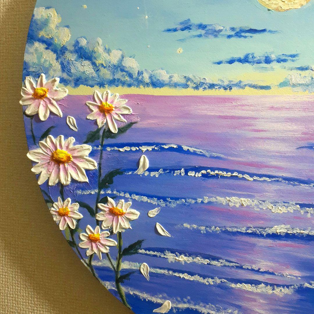 特大《自分に色を重ねる》油絵 油彩画 海 風景画 直径50 cm