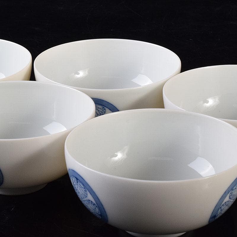 瀬戸焼古陶園竹鳳窯伊藤伊平作 染付葵紋汲出茶碗五客共箱C7352