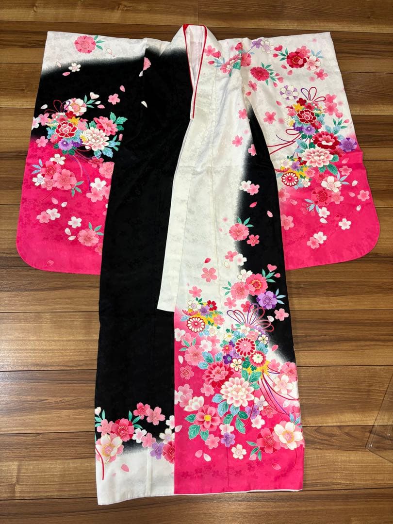 七五三　着物　女の子　桜　黒　ピンク　白　7歳　セット