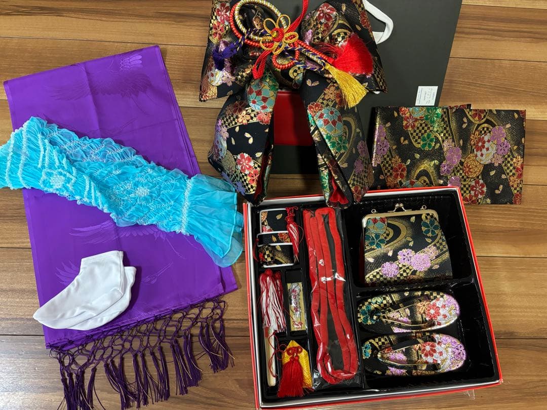 七五三　着物　女の子　桜　黒　ピンク　白　7歳　セット