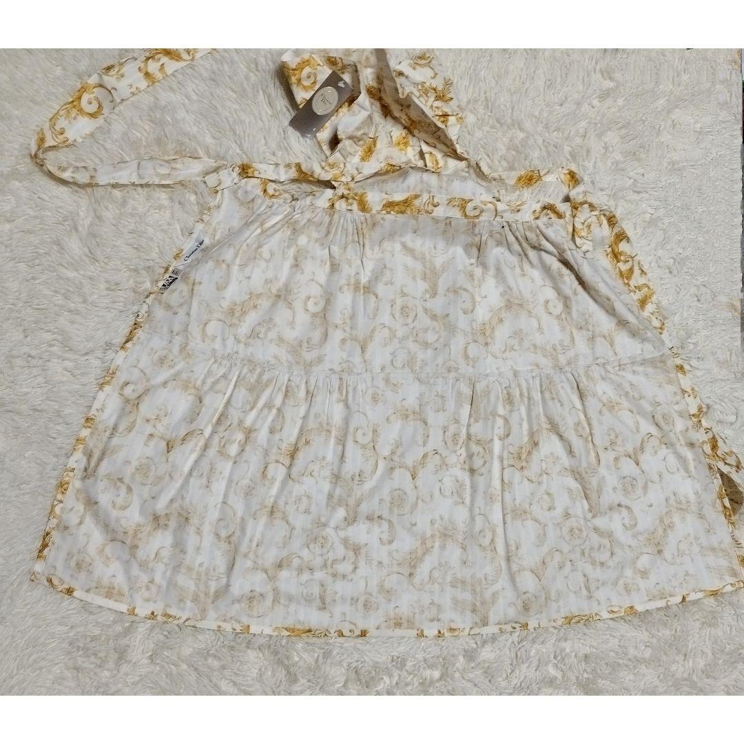 未使用　ChristianDior　カネボウ　コットンエプロン　白×金　ロゴ刺繍