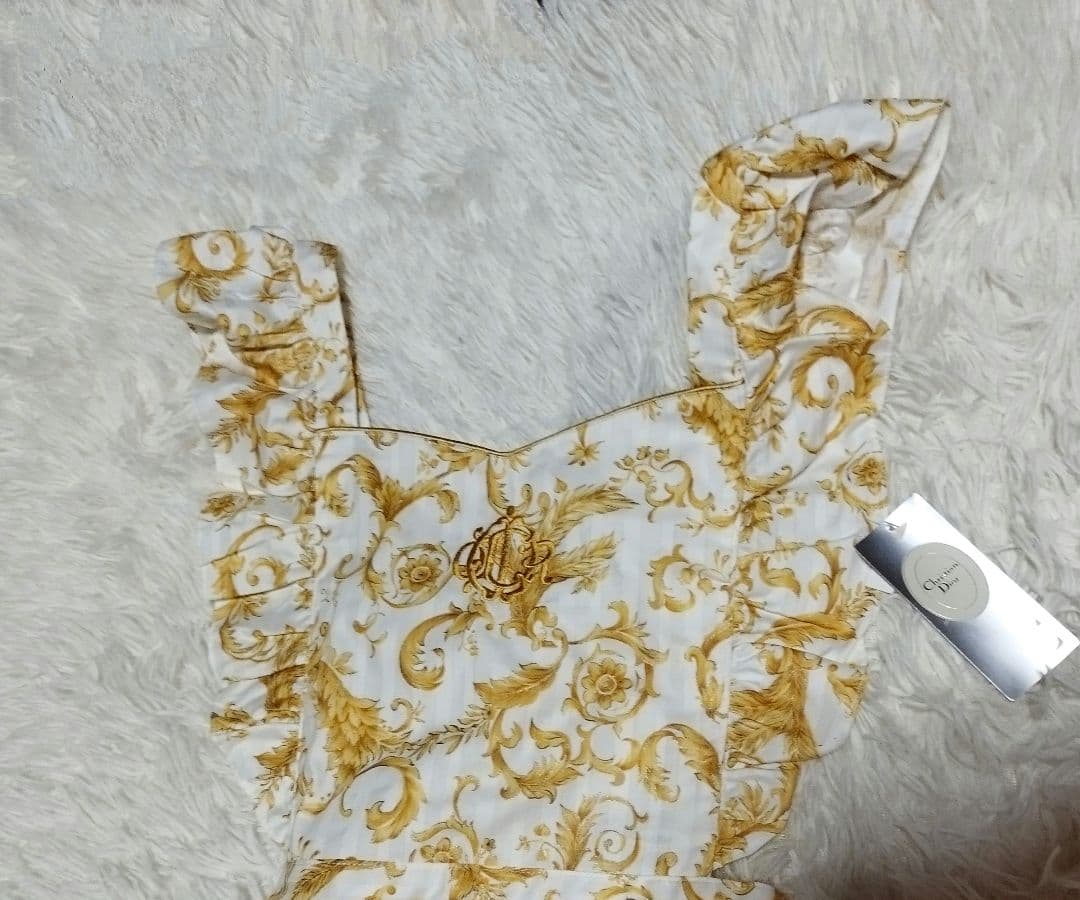 未使用　ChristianDior　カネボウ　コットンエプロン　白×金　ロゴ刺繍