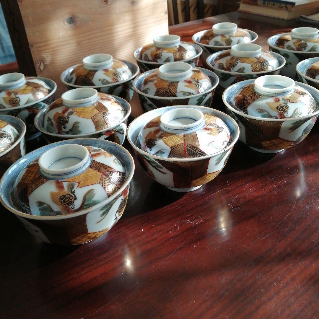 美濃焼　染付色絵蓋付碗　13客　11.3cm　大正期