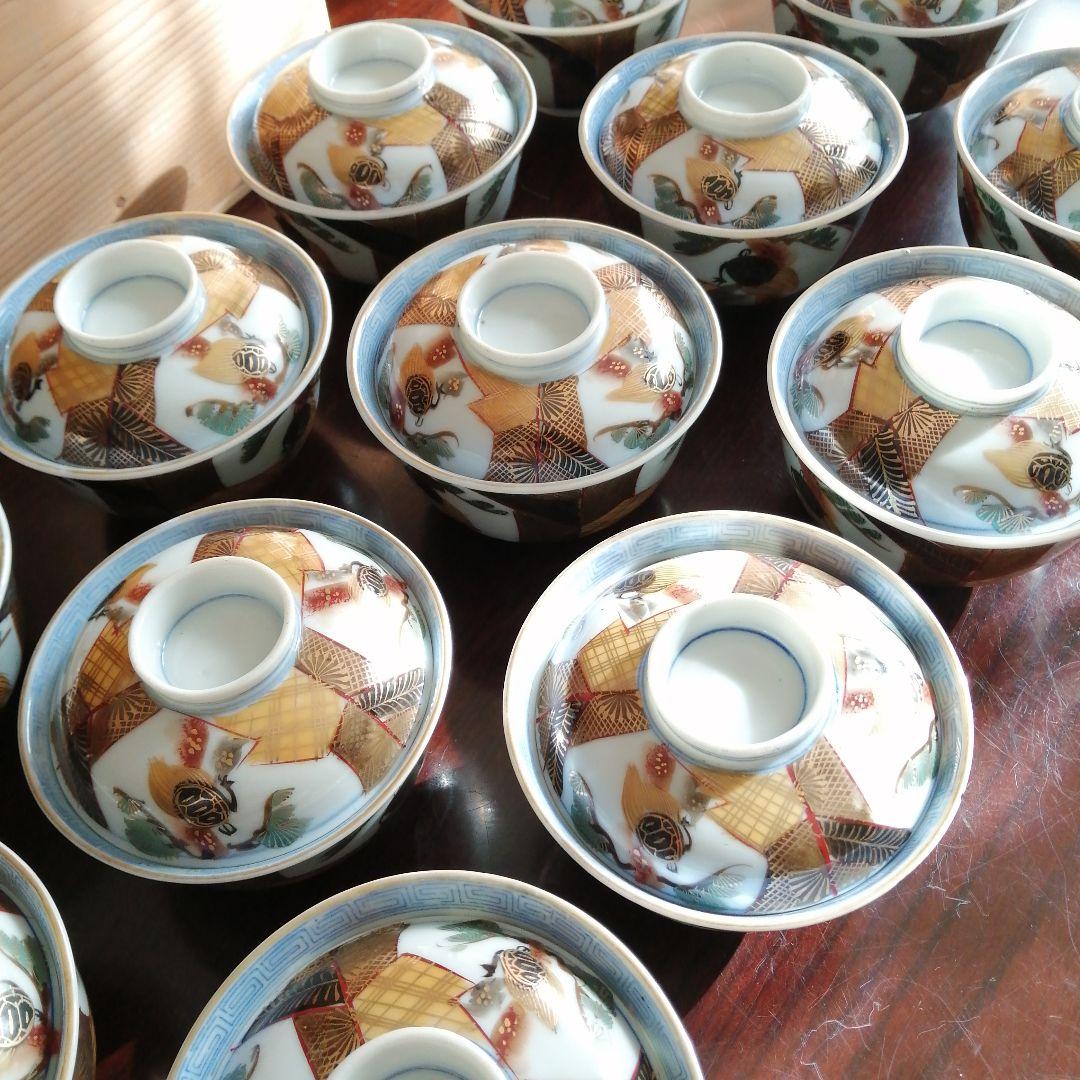 美濃焼　染付色絵蓋付碗　13客　11.3cm　大正期