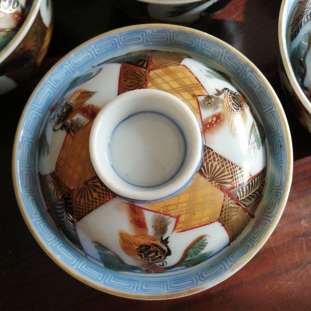 美濃焼　染付色絵蓋付碗　13客　11.3cm　大正期