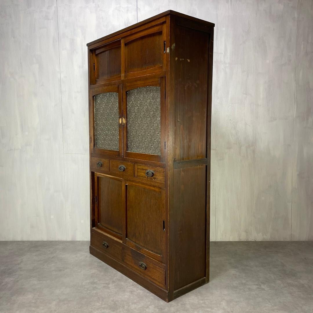 ヴィンテージ ダイヤガラス 食器棚 水屋箪笥 飾り棚 収納 和家具 昭和レトロ