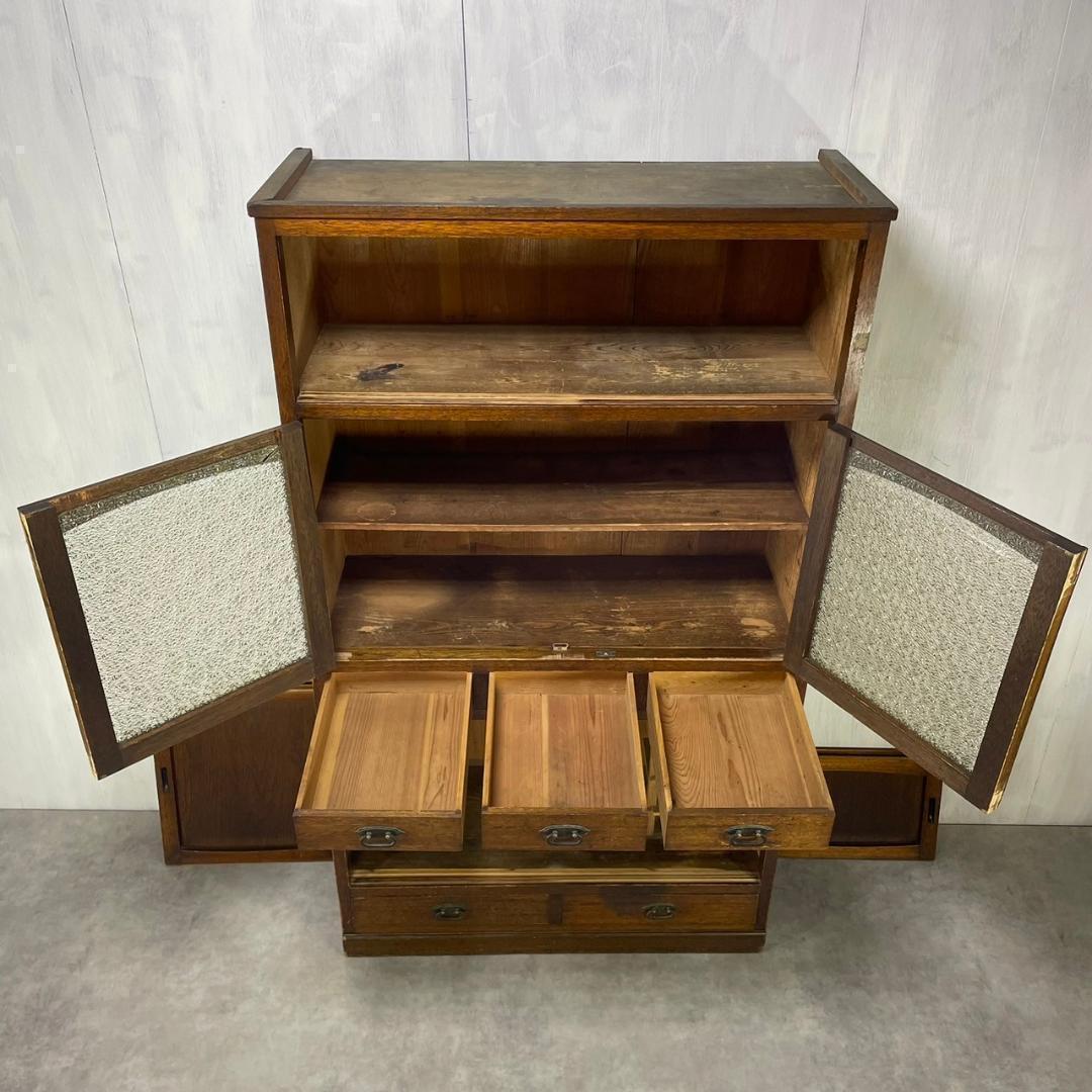 ヴィンテージ ダイヤガラス 食器棚 水屋箪笥 飾り棚 収納 和家具 昭和レトロ