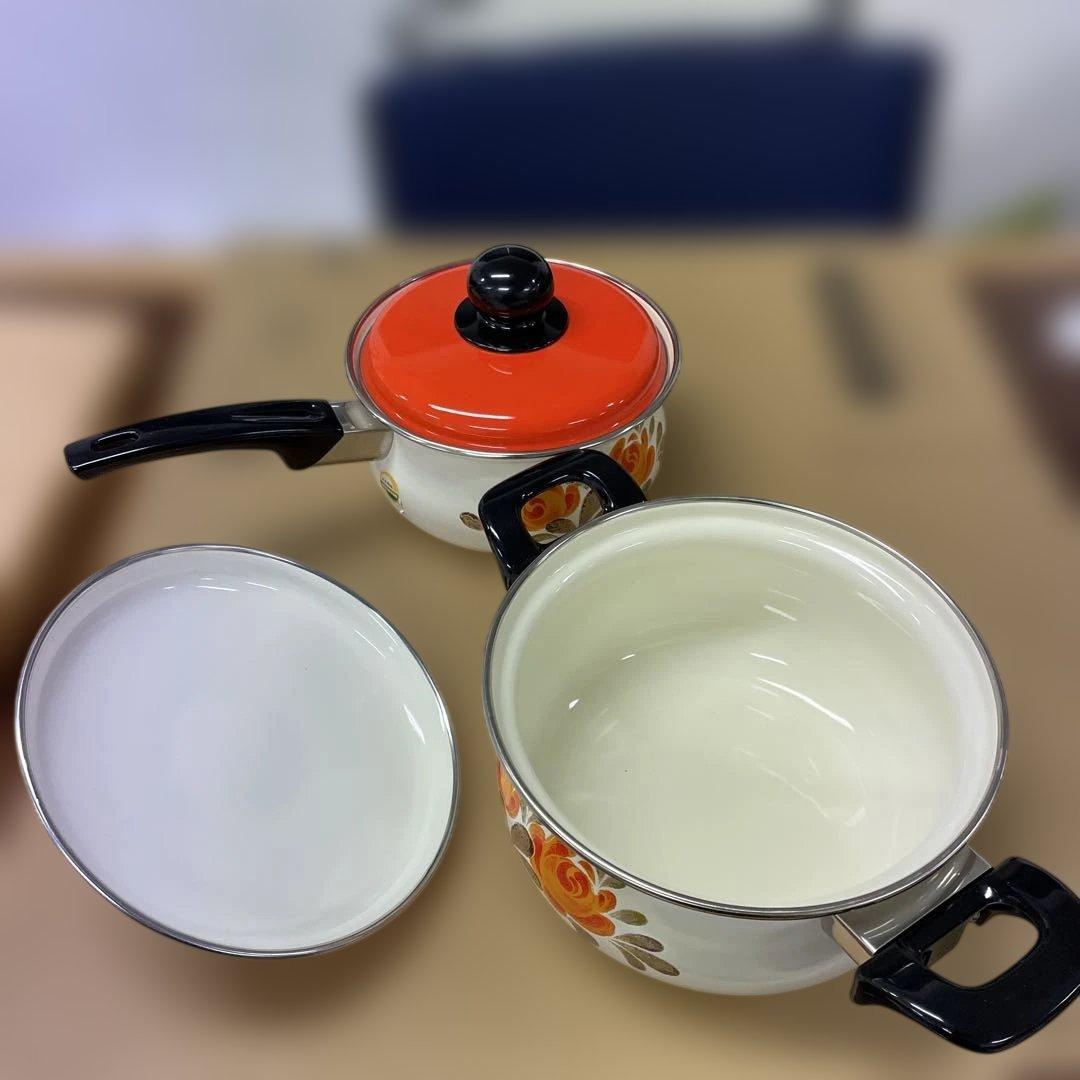 オレンジ花柄陶器鍋　2個セット　　-32