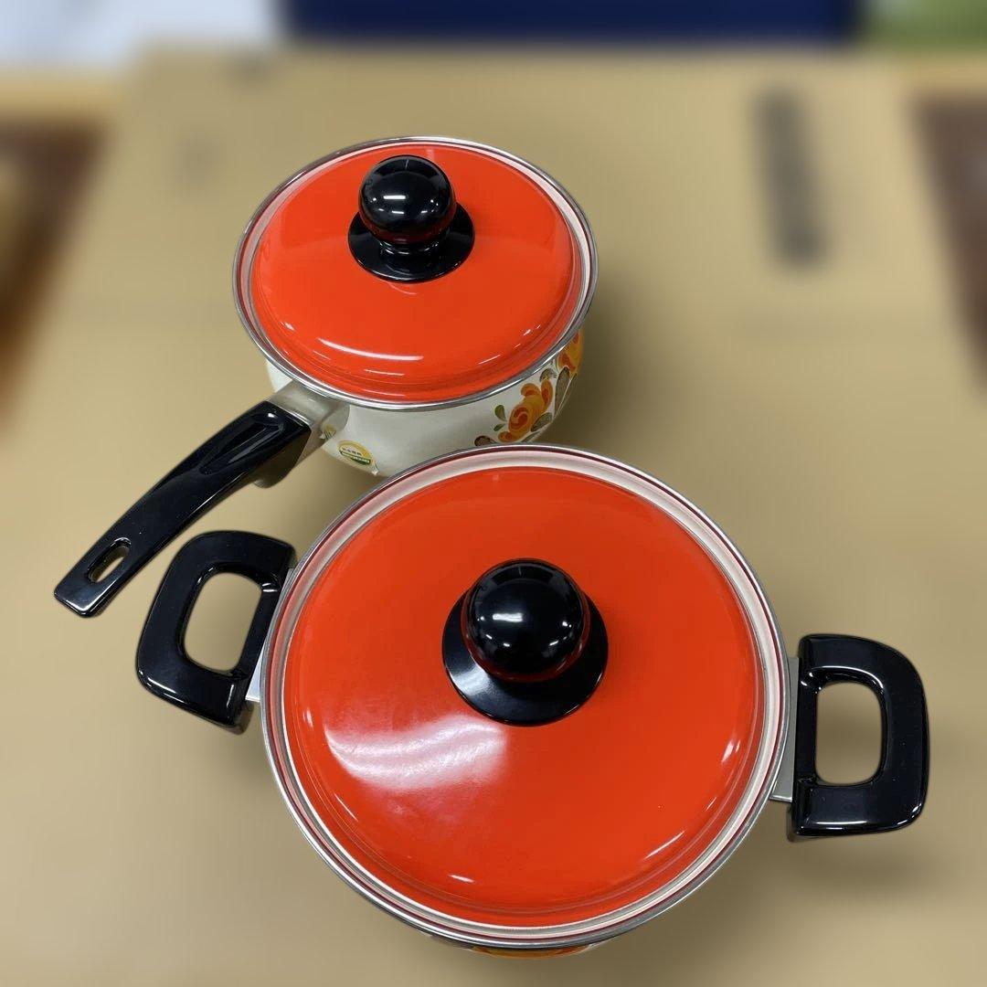 オレンジ花柄陶器鍋　2個セット　　-32