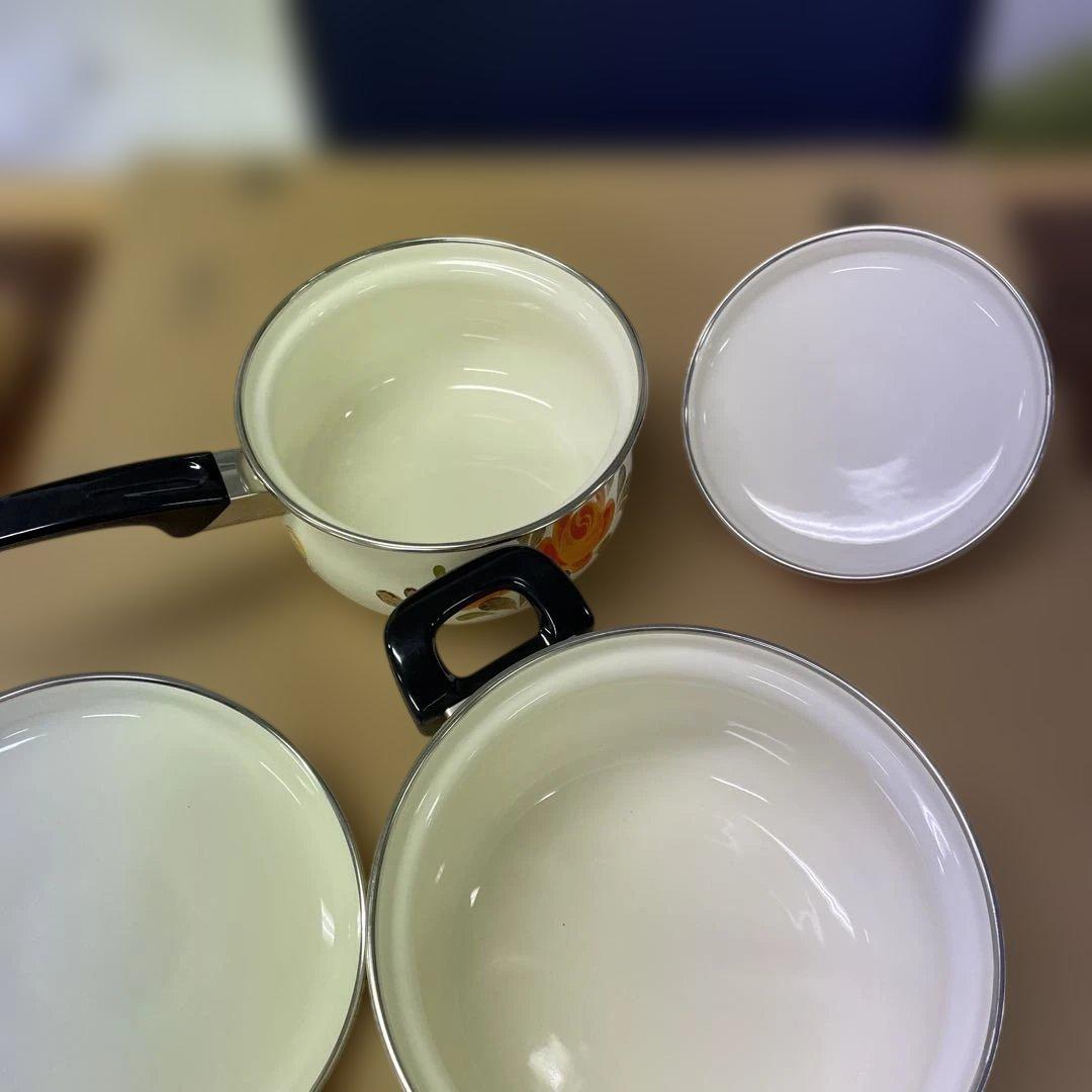 オレンジ花柄陶器鍋　2個セット　　-32