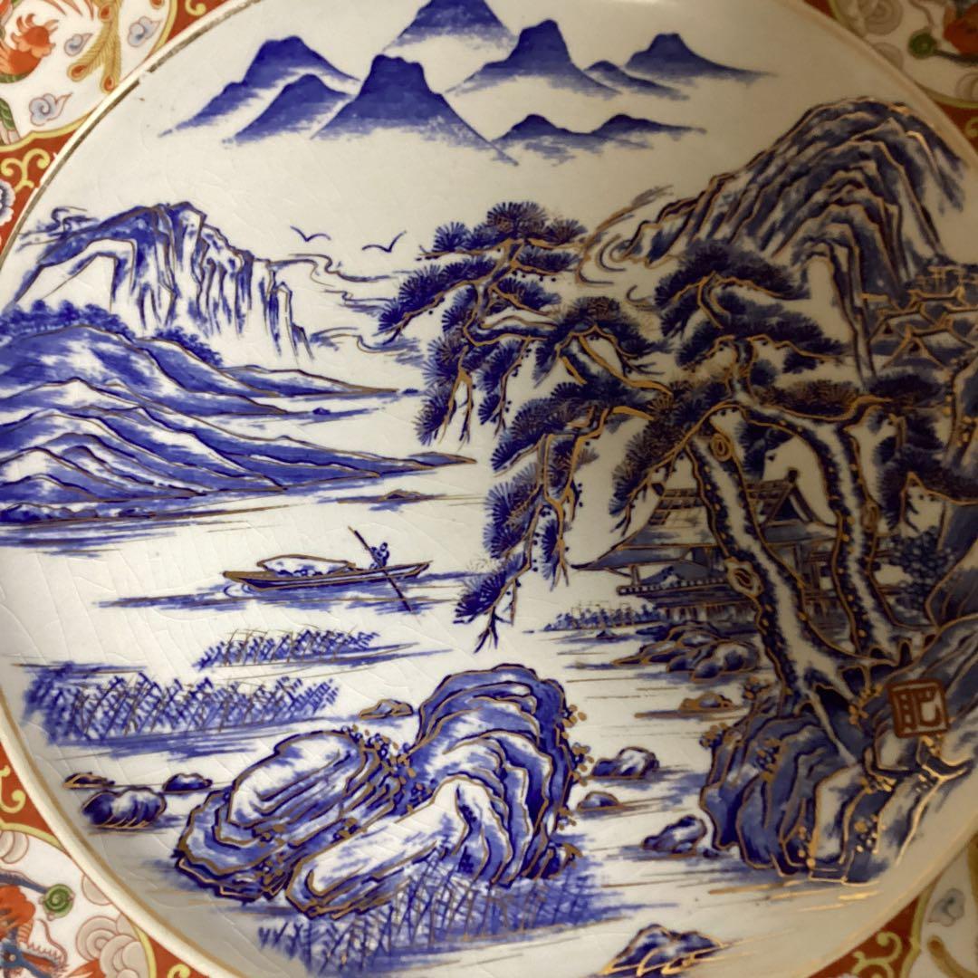 古伊万里　金欄手　尺3寸大皿　　楼閣に山水図　《明治、大正期》の大皿　飾り皿