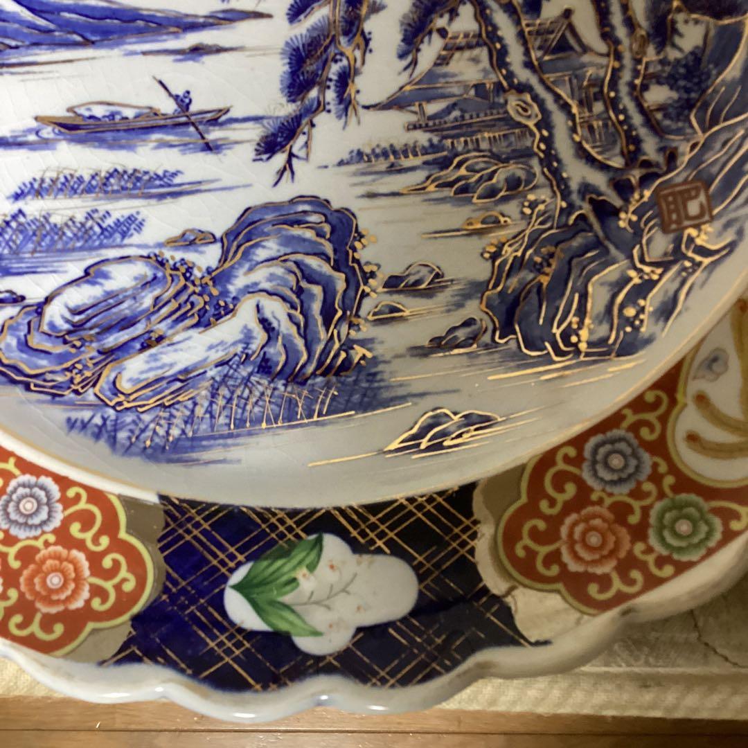古伊万里　金欄手　尺3寸大皿　　楼閣に山水図　《明治、大正期》の大皿　飾り皿