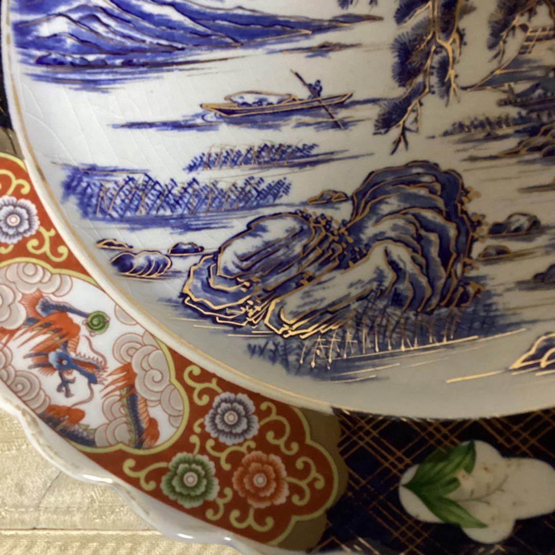 古伊万里　金欄手　尺3寸大皿　　楼閣に山水図　《明治、大正期》の大皿　飾り皿