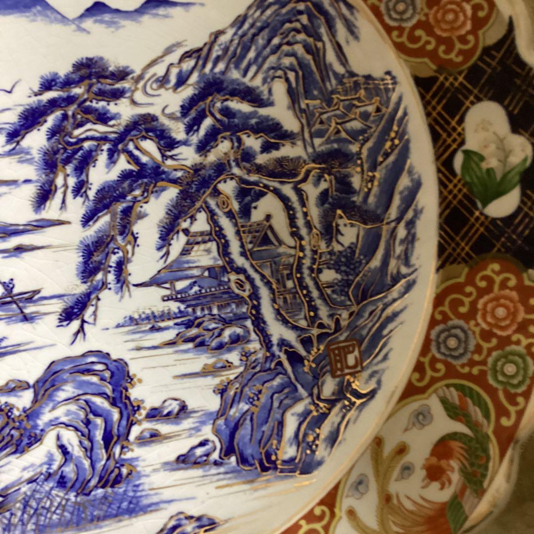 古伊万里　金欄手　尺3寸大皿　　楼閣に山水図　《明治、大正期》の大皿　飾り皿