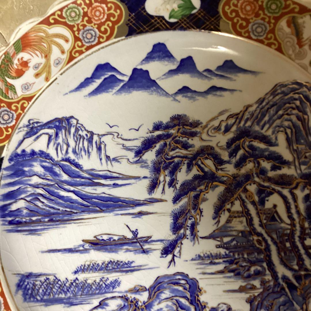 古伊万里　金欄手　尺3寸大皿　　楼閣に山水図　《明治、大正期》の大皿　飾り皿