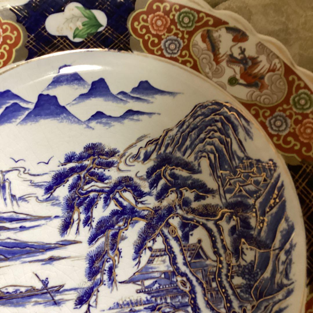 古伊万里　金欄手　尺3寸大皿　　楼閣に山水図　《明治、大正期》の大皿　飾り皿