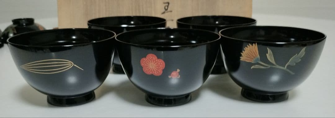 輪島塗　四君子蒔絵 遠山沈金　吸物椀　5客セット　角偉三郎など5人作家もの