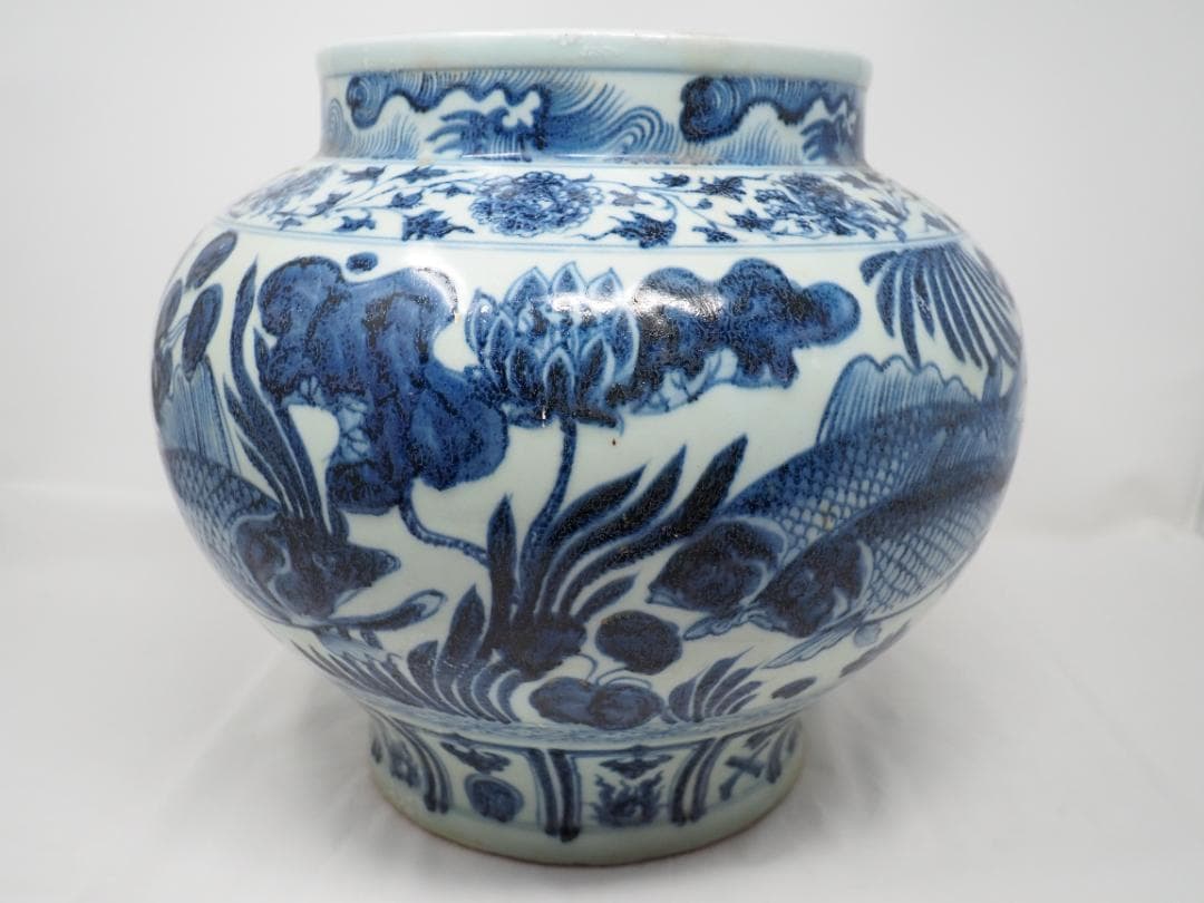 染付　青花魚藻紋罐　壺　花瓶　中国　ハスの花　②　-SO