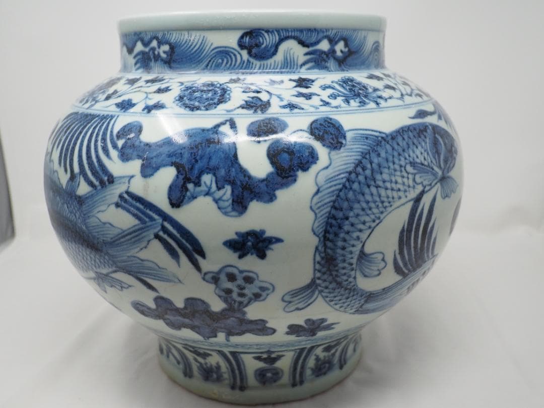 染付　青花魚藻紋罐　壺　花瓶　中国　ハスの花　②　-SO