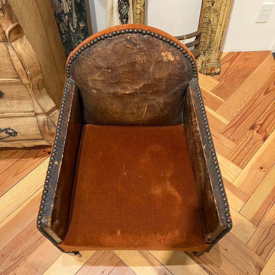 アンティーク　1人掛けソファ　赤×レザー