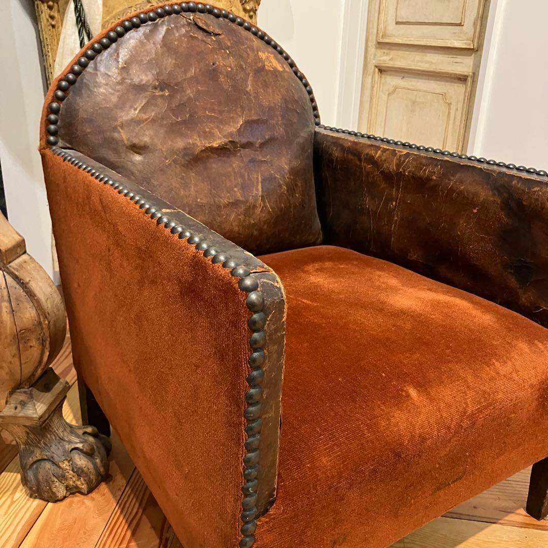 アンティーク　1人掛けソファ　赤×レザー