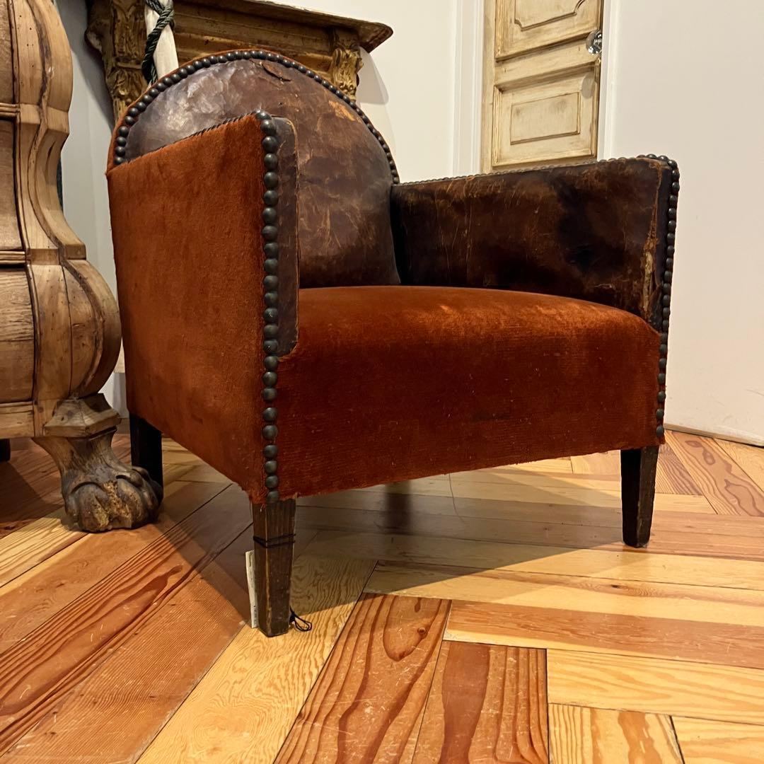 アンティーク　1人掛けソファ　赤×レザー