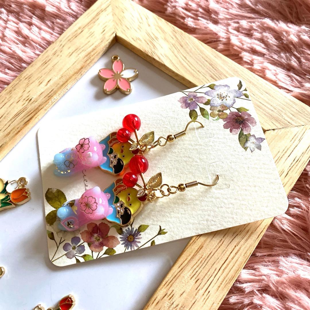 ☆サクランボとあんみつヒヨコが可愛いSpring猫ちゃんピアス☆