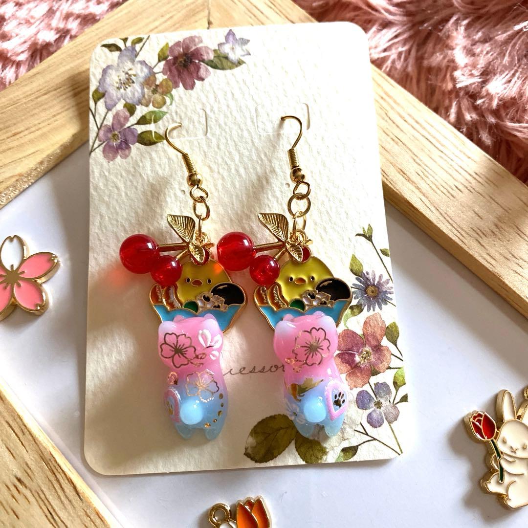☆サクランボとあんみつヒヨコが可愛いSpring猫ちゃんピアス☆