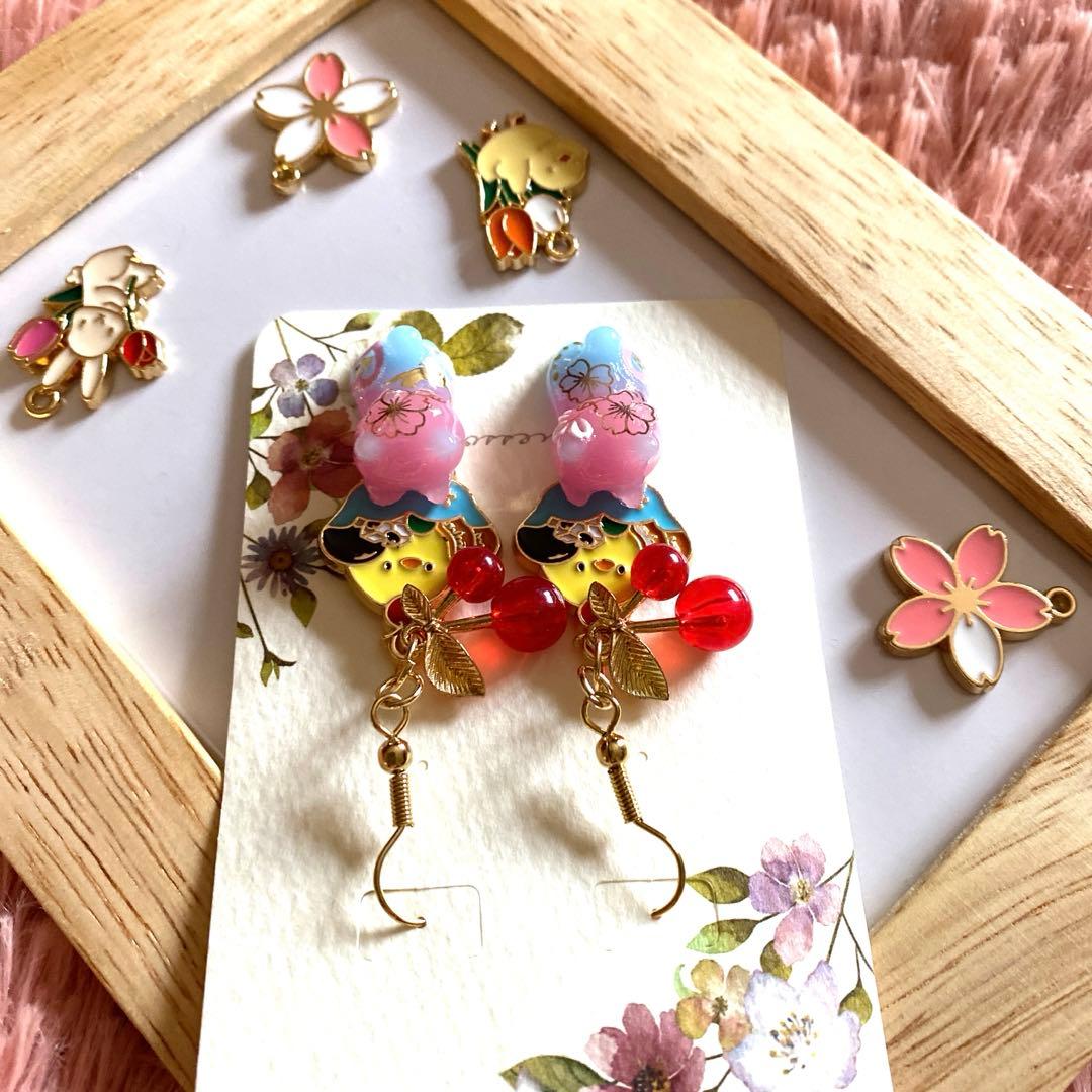 ☆サクランボとあんみつヒヨコが可愛いSpring猫ちゃんピアス☆