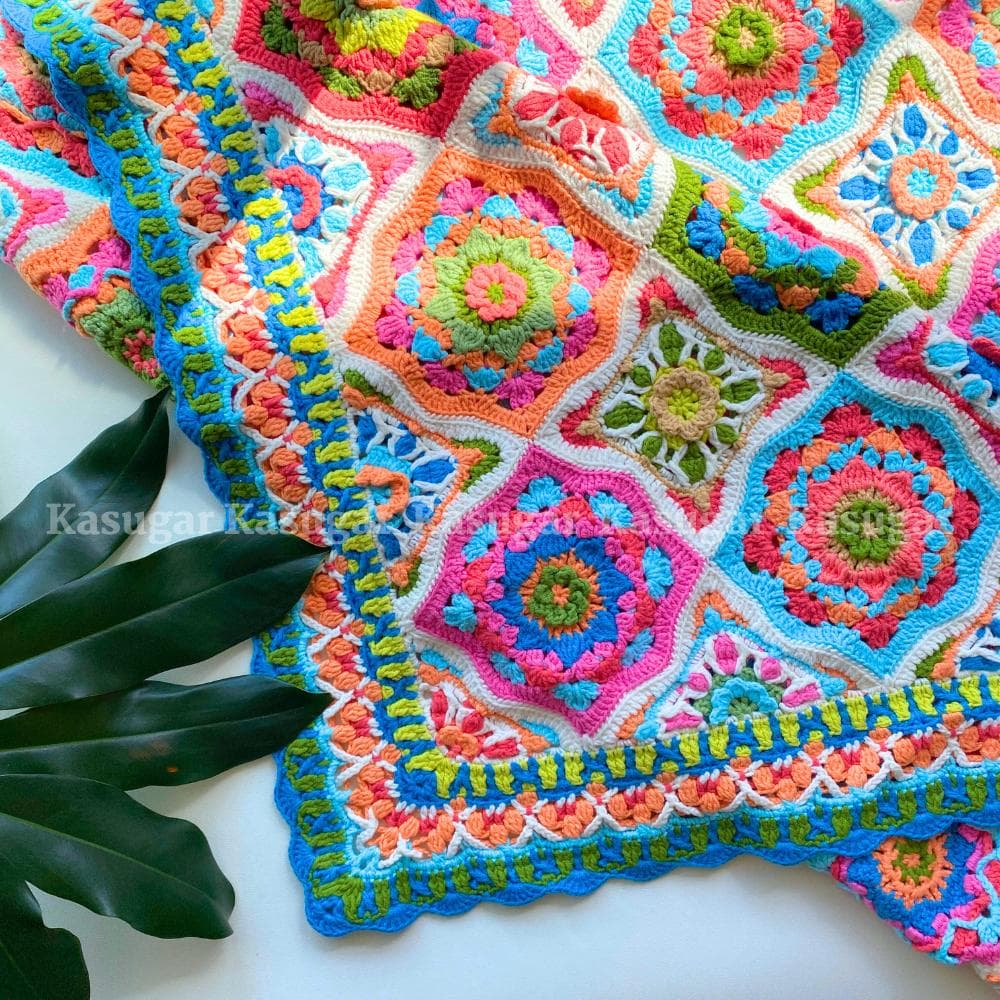 ZELLIGE モチーフ かぎ針 編み マルチカバー ひざかけ こたつカバー