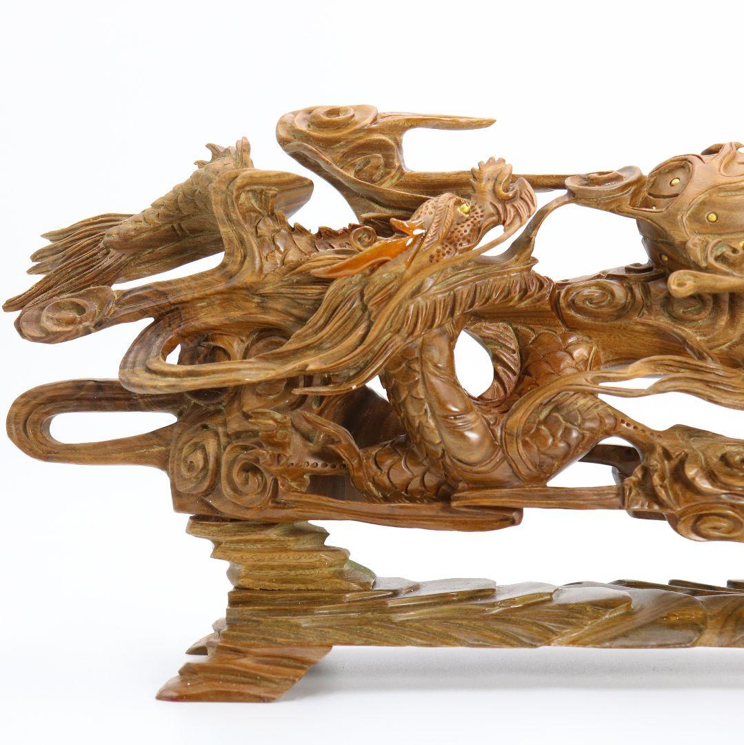 張 国良作　香木緑壇双龍如意宝珠　木彫　DO114