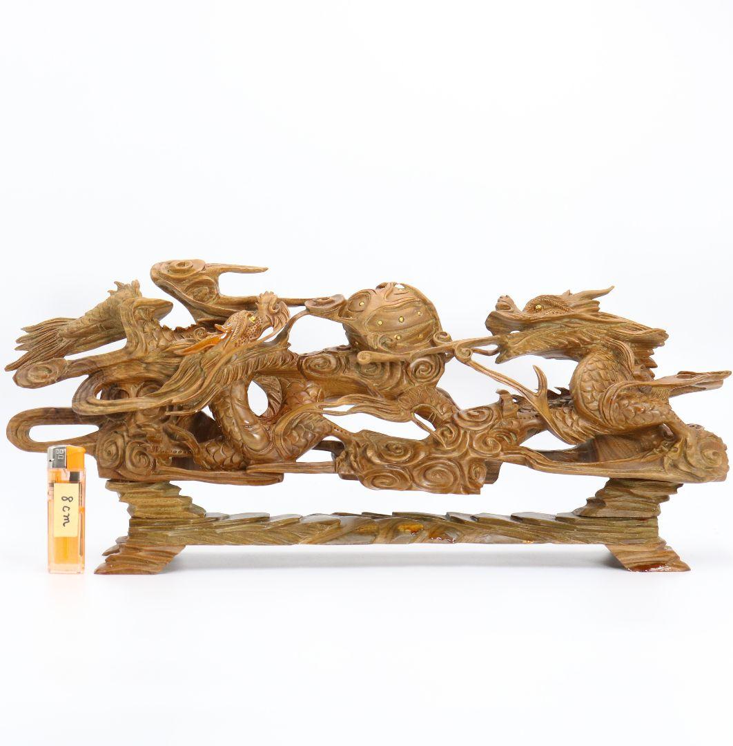 張 国良作　香木緑壇双龍如意宝珠　木彫　DO114