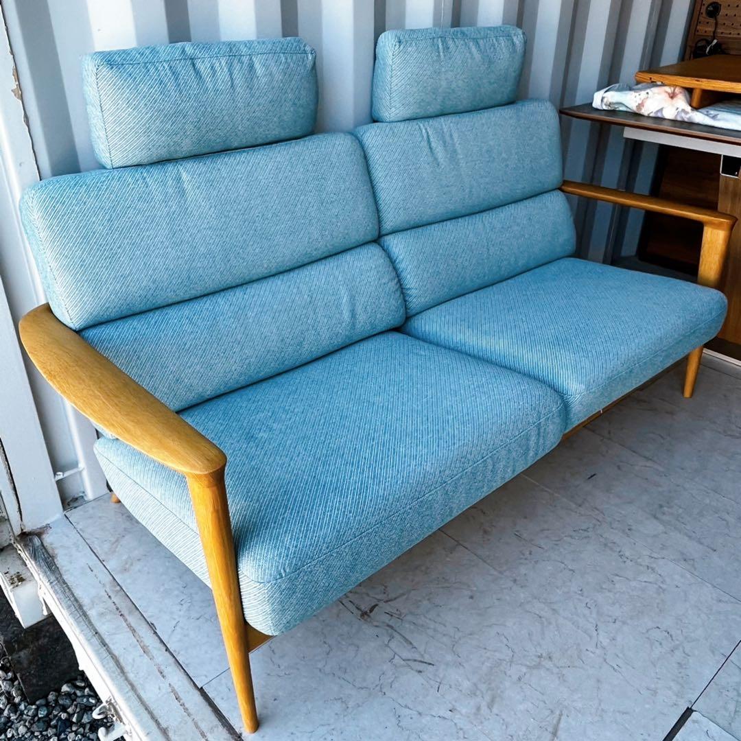 取付無料！飛騨産業 SEOTO 北欧風ナチュラル天然木ブルーファブリックソファ✨
